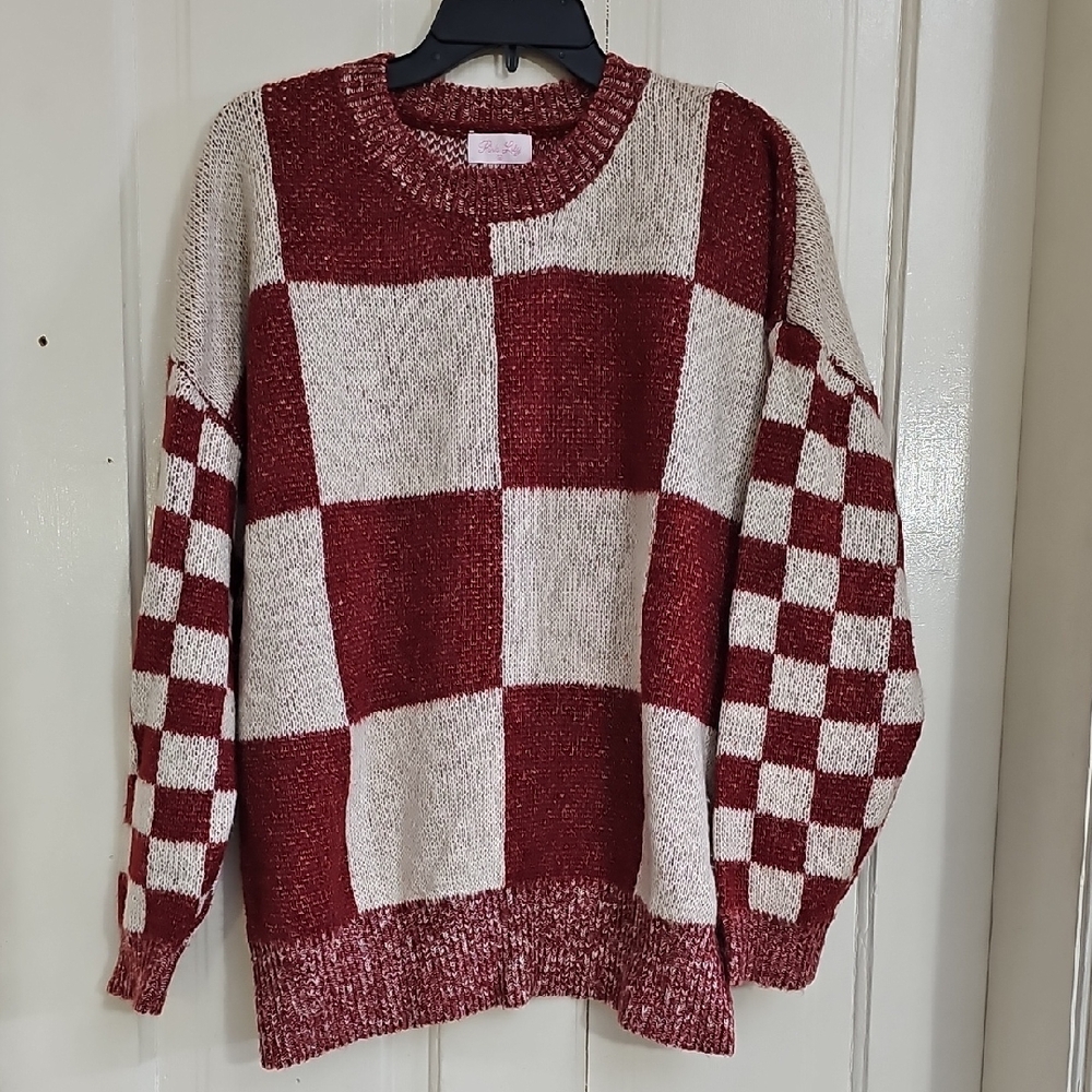 Pink Lily Burgundy and Cream Checkered Sweater